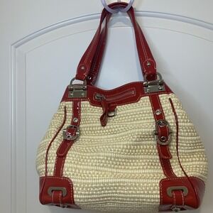 Rafe New York Handbag Rattan Straw With Red Pantent Trim Dust Bag